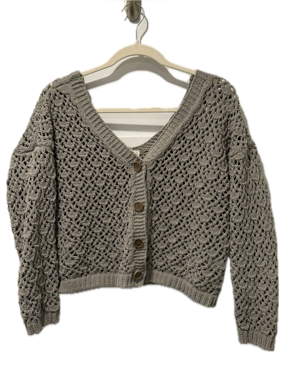 Artelier Nicole Miller Crochet Button Up Cardigan in Sage Gray
